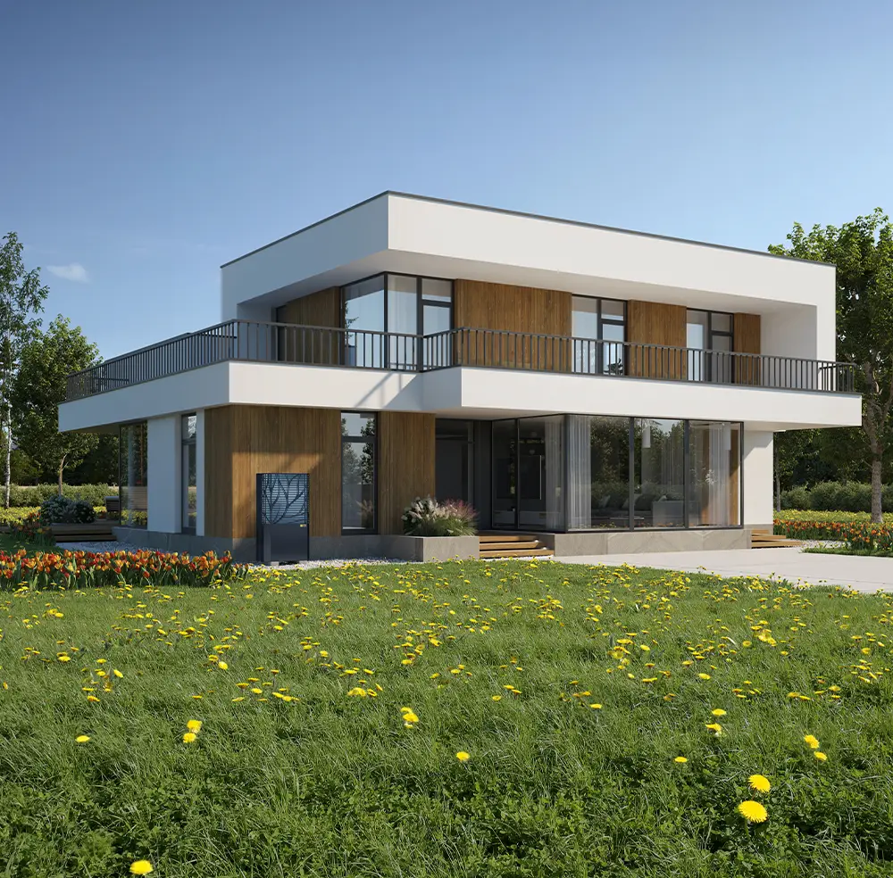 Moderne Wärmepumpe Außeneinheit harmonisch im Garten integriert
